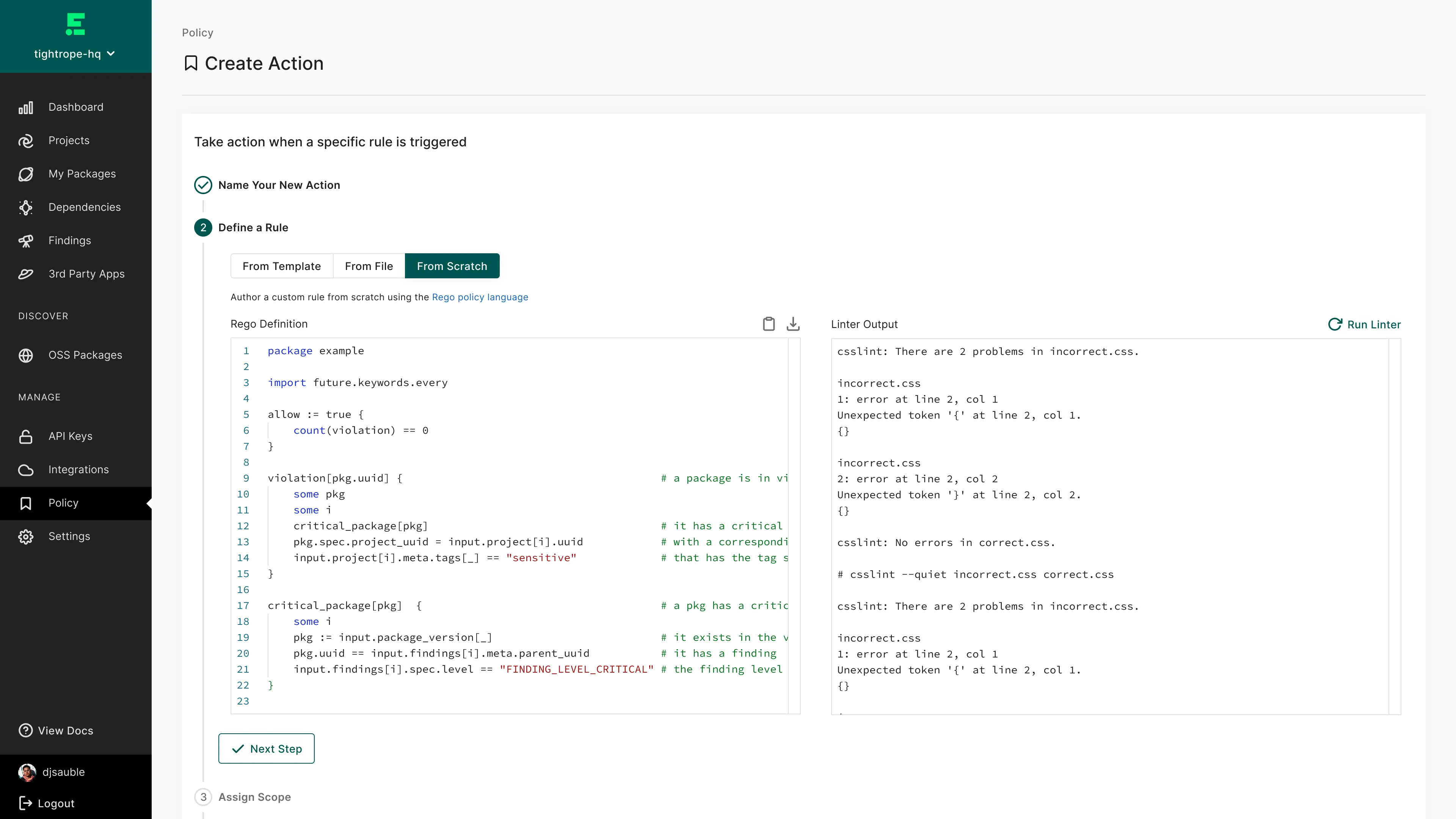 Create Policy Action UI