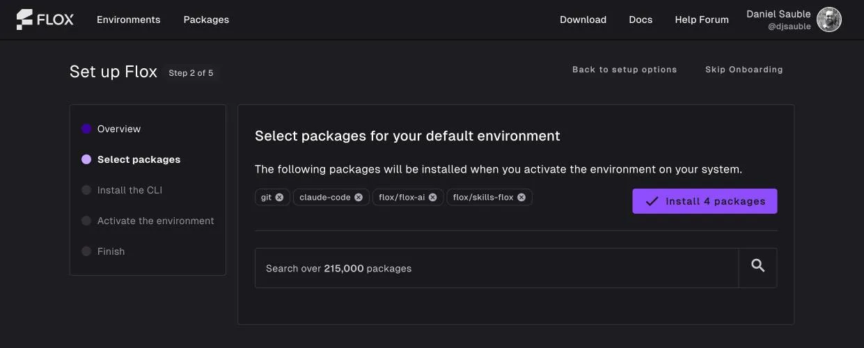 The FloxHub onboarding package step, with packages preselected