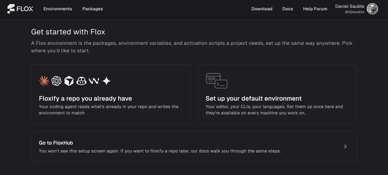 The FloxHub setup choice screen, with lanes for a coding agent, a default environment, and going straight to FloxHub