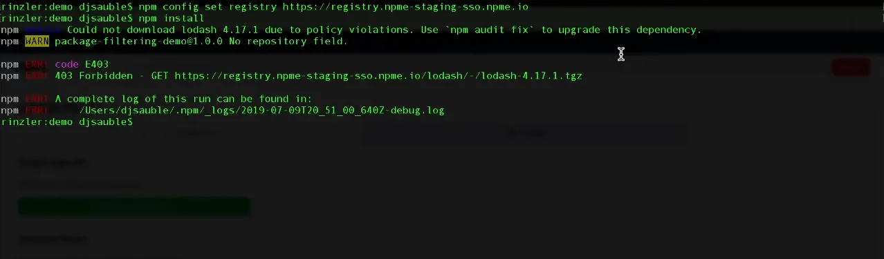 terminal showing a blocked package